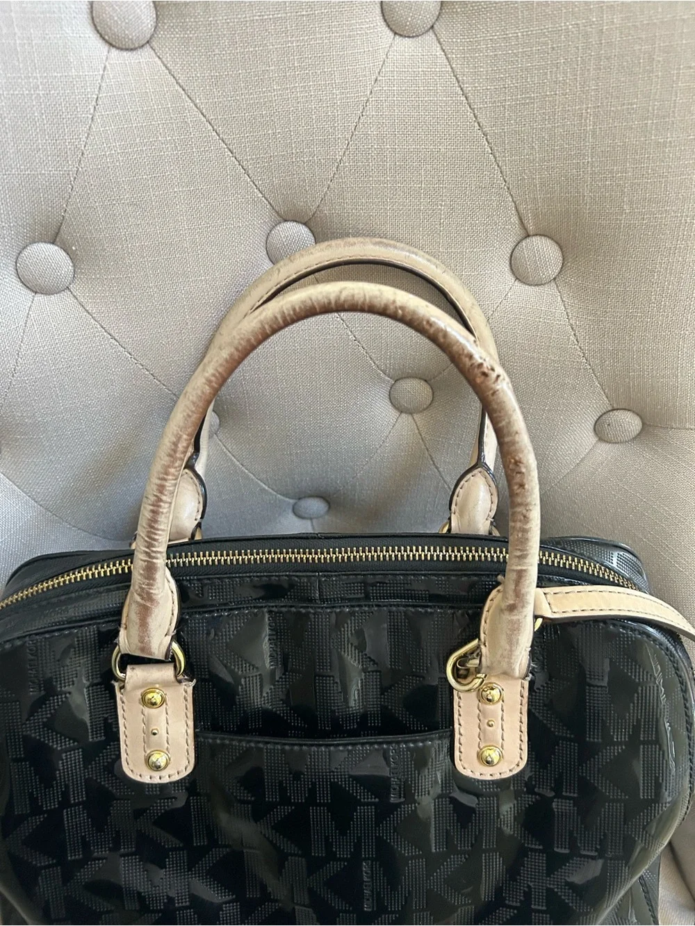 Michael Kors Black Patent Satchel with Beige Trim and MK Charm